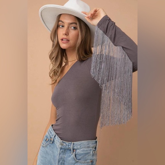 Brand New One Shoulder Fringe Bodysuit - Picture 3 of 7